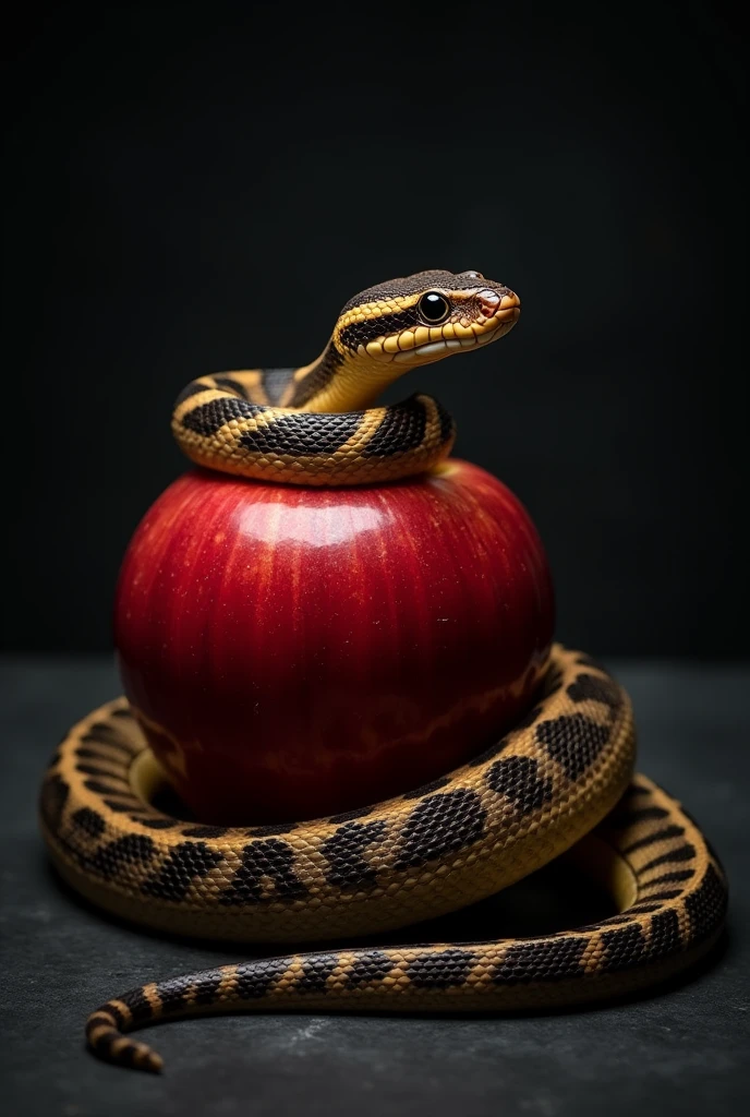 snake around a red apple in a dark environment