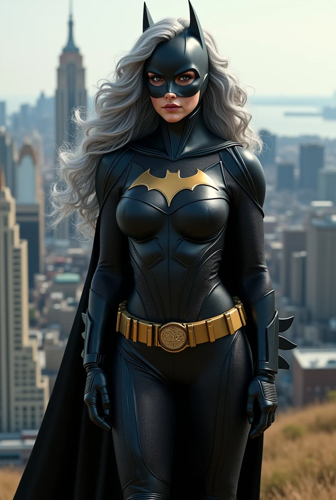 A beautiful youthful looking Hispanic version of a gray haired Selena Gomez as a 50 years old woman with long her completely gray hair in a big curls styles as the superhero batwoman wearing a batwoman costume with a hood standing on top of a hill overlooking a big city