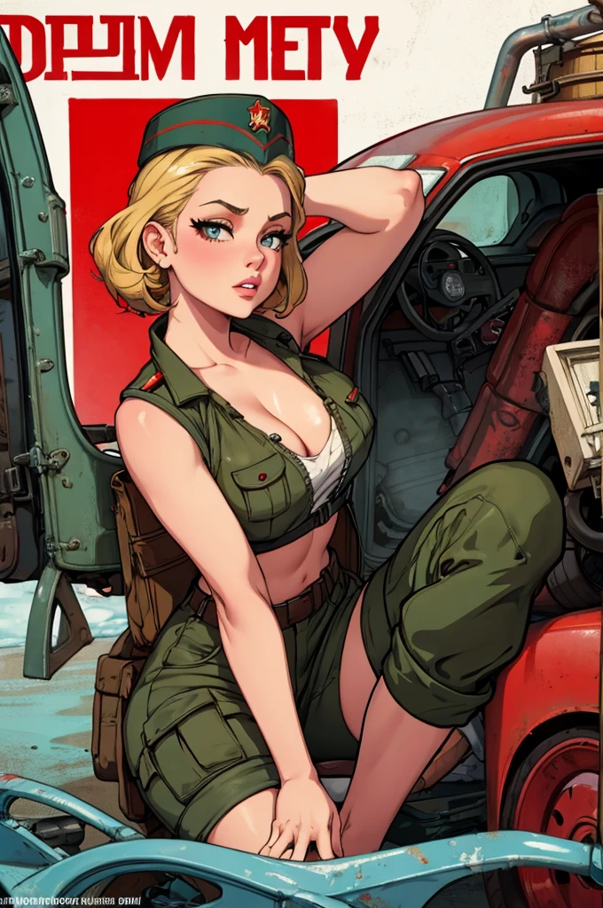 pin-up soviet military mechanic, dirty, wrench-turner, grease-monkey, pin-up poster