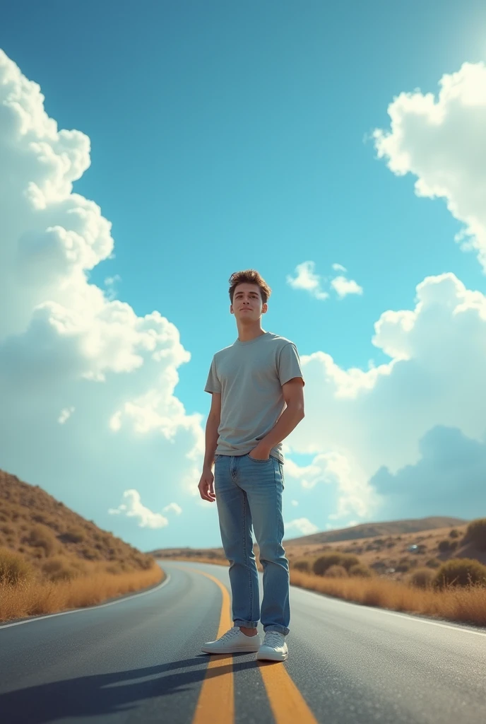 22 year old young man standing on the road with the sky behind him in casual clothes