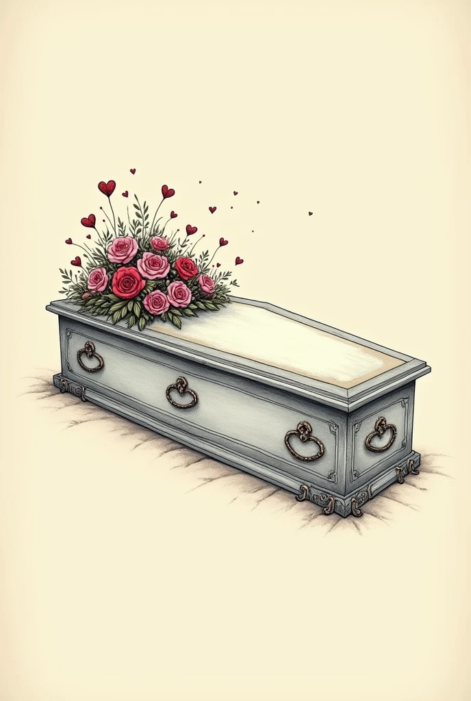 A drawing of a coffin on the left side with flowers and little hearts on top on a plain Tim Burton style background to one side of the image