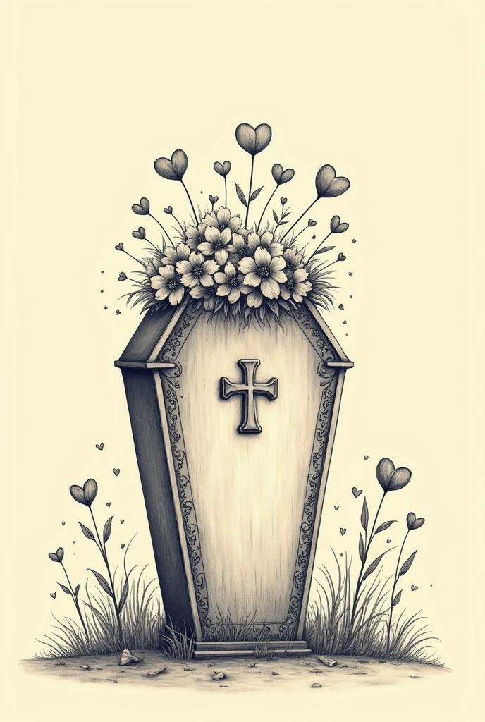 A drawing of a coffin on the left side with flowers and little hearts on top on a plain Tim Burton style background to one side of the image