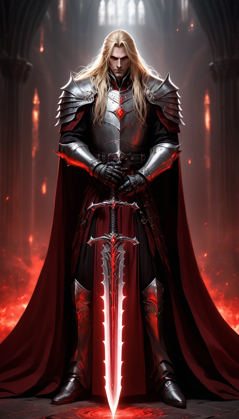 Masterpieces, male,  red glowing eyes, long blonde hair, pale skin, vampire king, fantasy dark souls world end boss, elden ring, vampire, (wearing armored frock coat, black, red and silver color scheme), (Remornia sword world of warcraft) (wielding a sword with radiant red light, emanating potent red light magic),(action shot: hefting a sword), standing Next to a large red mirror, Background: a dark cathedral red and silver lighting. (Action shot: casting a spell), Full body shot, cinematic shot, volumetric lighting, intricate pattern detail, highly detailed