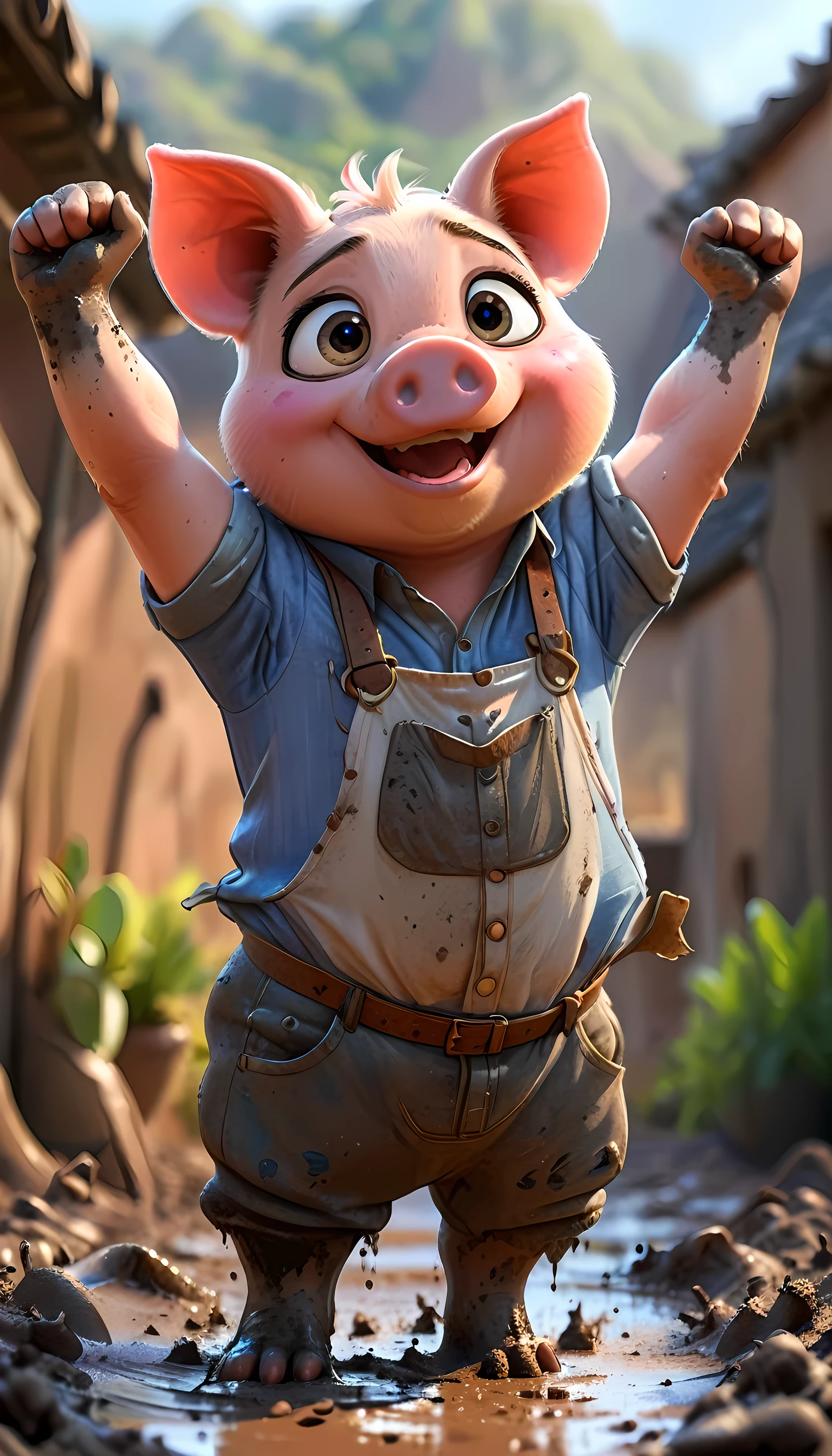cute pig, cartoon , arms, hands ,cute eyes, looking at viewer, arms up, close, background, clothes, mud, happy