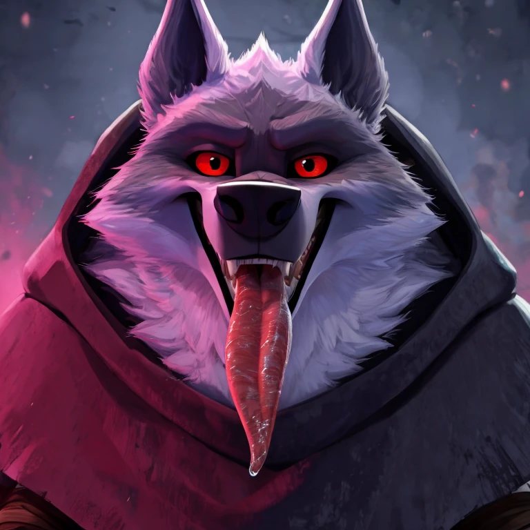 Death (Puss in Boots: The Last Wish), DreamWorks Animation, 2D, Looking at viewer, Touching Tongue with Paw, Open Mouth, Tongue Out, Long Tongue, Wide-Eyed, Wolf Ears, Anatomically Correct, Seductive Smile, Saliva Trail, Raised Eyebrow, Oral Invitation, Simple background, Character Design, Illustration, High Resolution, Super Detailed, Textured Skin, Eye Level Shot, Single Shot, Medium Close Up
