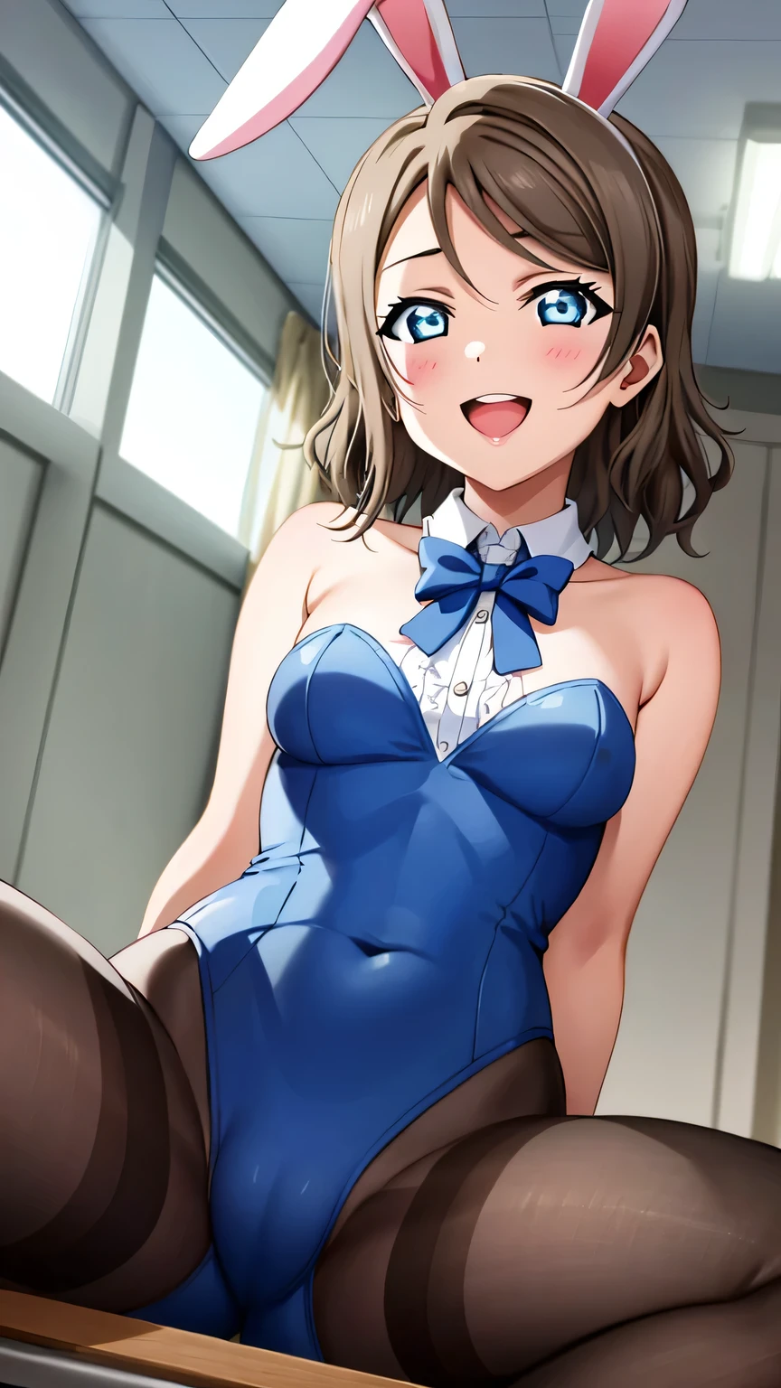 {{{masterpiece}}}, {{{best quality}}}, {{ultra-detailed}}, {illustration}, {{an extremely delicate and beautiful}}, (beautiful detailed eyes:1.6), extremely detailed face, 16k, anime face, {{watanabe you}}, love live! school idol project, {{love live! sunshine!!}}, cute face, light brown hair, medium hair, wavy hair, blue eyes, slender, medium breasts, thin waist, big hips, curvaceous, BREAK,1girl, solo, strapless leotard, bowtie, wrist cuffs, pantyhose, rabbit ears, erect nipples, cameltoe, BREAK, cowboy shot, open mouth, kyoushitsu, classroom, indoors, school chair, school desk, chalkboard, window, ceiling light, curtains, smiling, peer in from below, looking at viewer, daytime, sit on the desk, spread legs, flushed cheeks