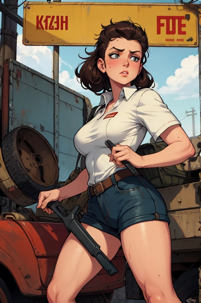 pin-up soviet military mechanic, dirty, sweaty, wrench-turner, grease-monkey, pin-up poster