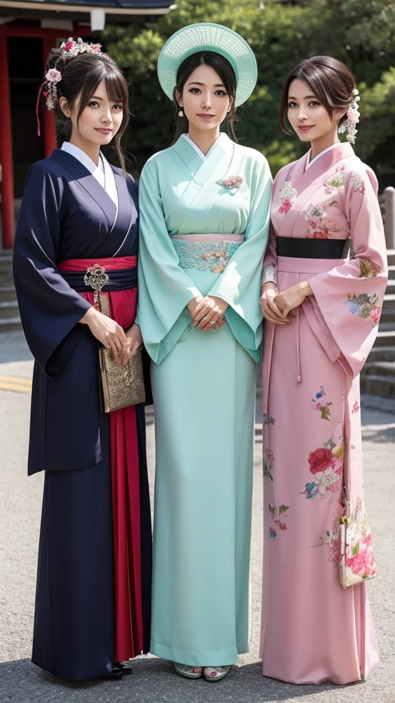Three beautifully dressed Japanese women