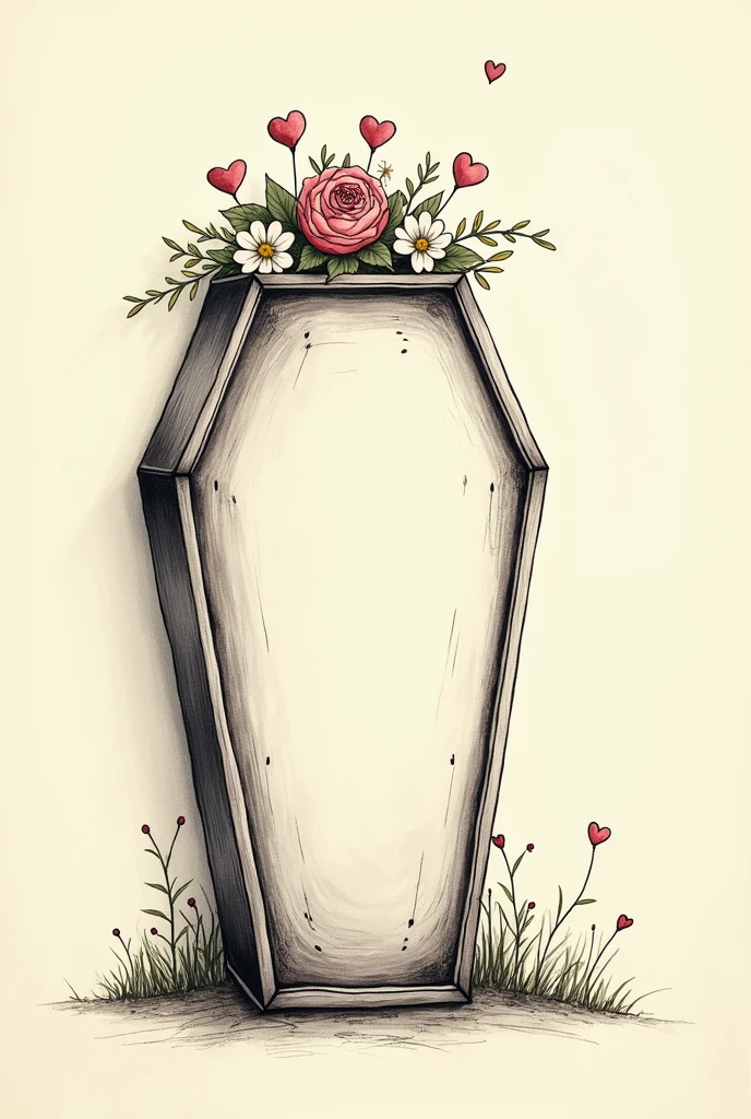 A drawing of a coffin on the left side with flowers and little hearts on top on a plain Tim Burton style background to one side of the image