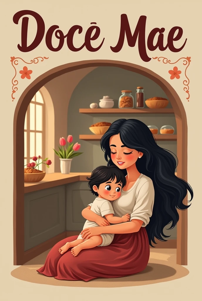 Biscuit shop logo, a young mother with long black hair with a baby boy on her lap in a cookie shop with the name of the shop written at the top Doce Mae