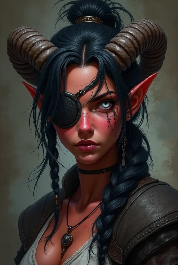 ((Mediovale)), uma mulher Tiefling, reddish skin, ram horns, broken left horn, completely white eyes, eye patch on the left side, scar under the eye patch, scar on the lips on the right side, Bblack hair, hair tied in a bun, scraping both sides, two braids on each side of the bangs.