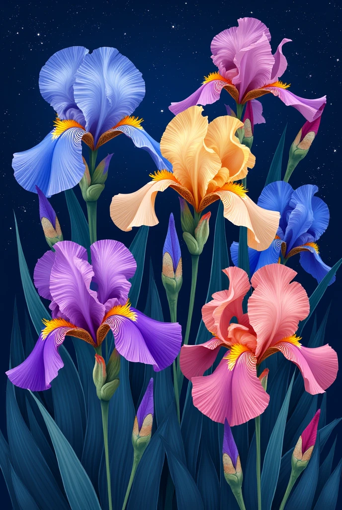 Irises in Bloom" - a vibrant purple  with bold, expressive irises in shades of blue and yellow. Background stary night make textile designs in repeat