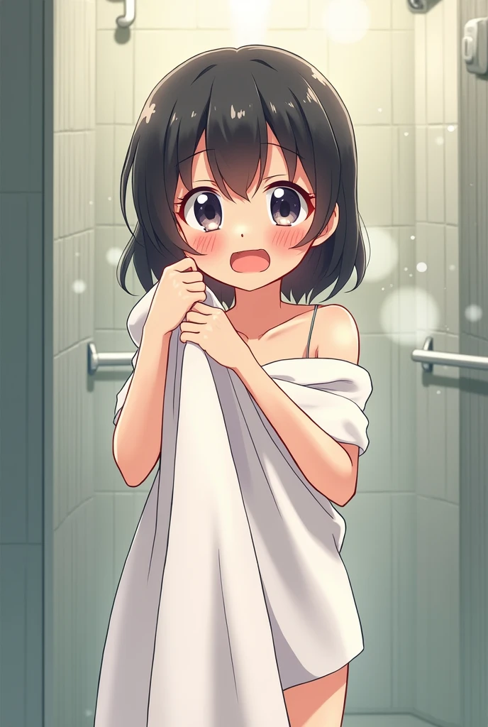 Embarassed anime girl in a towel in the shower 2D Animation  