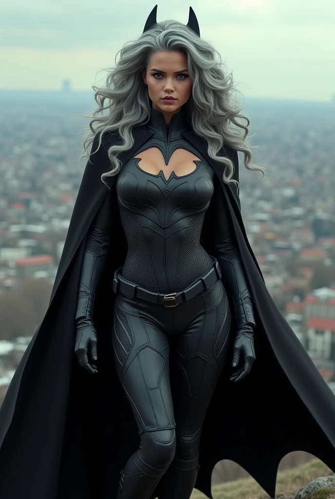 A beautiful youthful looking Hispanic version of a gray haired Selena Gomez as a 50 years old woman with long her completely gray hair in a big curls styles as the superhero batwoman wearing a batwoman costume with a hood standing on top of a hill overlooking a big city