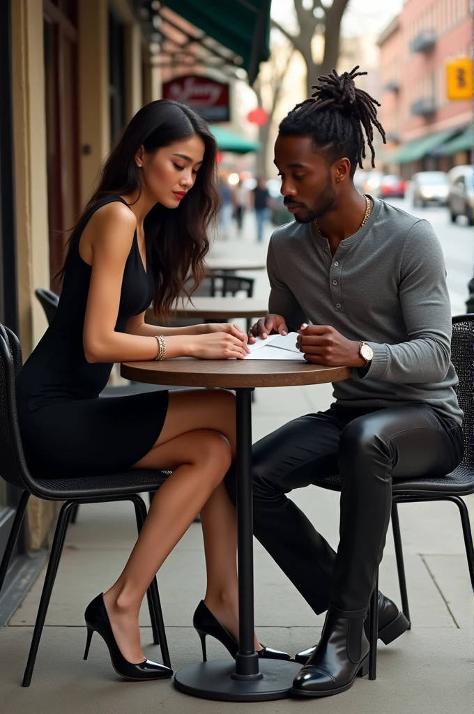 Jack and Jill sitting together at an outdoor café in SoHo, New York City. Jill, a gorgeous Vietnamese American woman, is wearing a sleek black DKNY dress and high-heeled shoes. She is carefully opening a mysterious envelope. Jack, a handsome black man with dreadlocks, is wearing a fitted grey Henley shirt, black leather pants, and unique black leather five-finger toe shoe boots. He watches intently as Jill opens the envelope. The background shows the stylish café setting and bustling SoHo street.