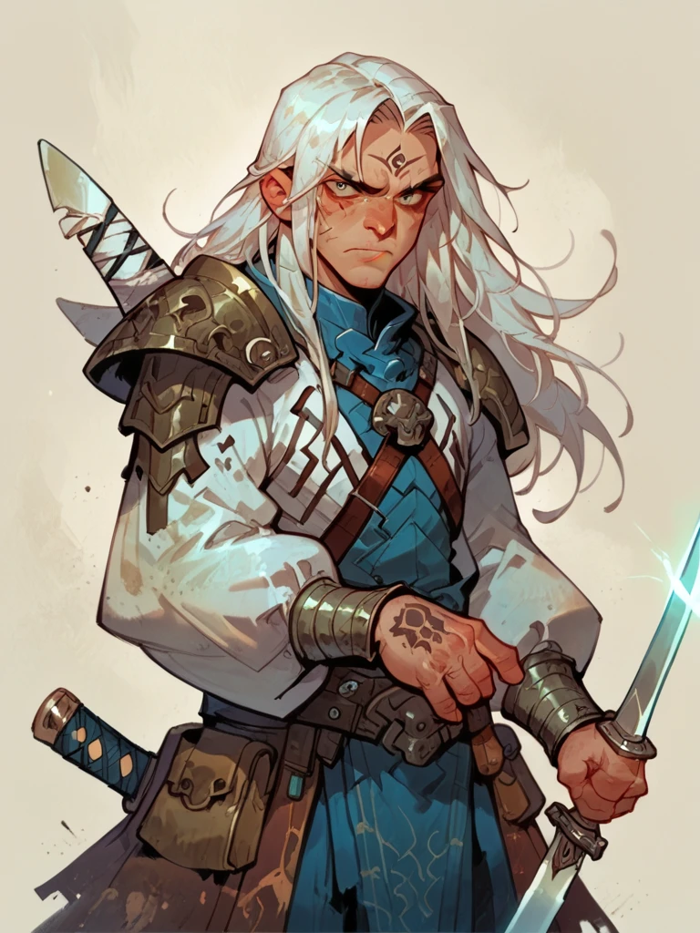 score_9, score_8_up, score_7_up, score_6_up, solo, 1 boy, long hair, white hair, wearing bones shoulder armor, pauldrons, holding a large sword, g4n1m3,