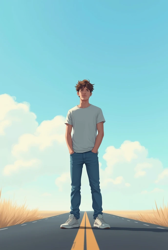 22 year old young man standing on the road with the sky behind him in casual clothes