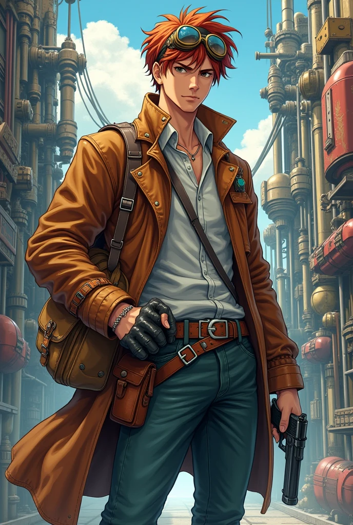 a strong young man, with a tool bag, chestnut hair, aviator glasses, leather coat, and a Luger on his belt. In steampunk anime style 