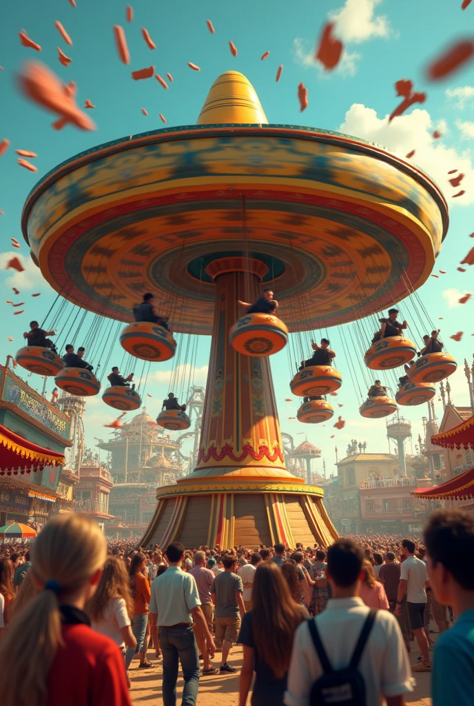 create the image of an amusement park. in the foreground is a Mexican hat with people spinning around and vomiting on the heads of other people passing by.