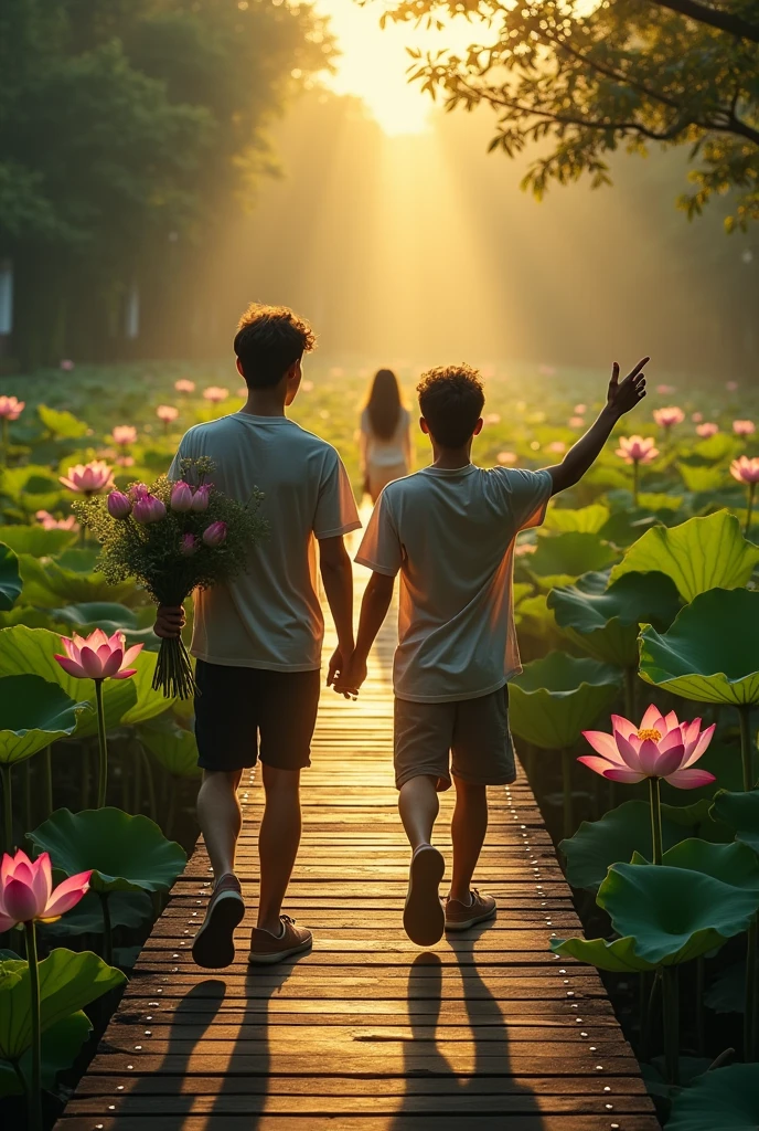 Two perfect young men walk forward on a high wooden bridge across a beautiful lotus-blossom lake, behind them a beautiful woman carrying lotus flowers, one male friend holding a bunch of lotus flowers in one hand and reaching out towards a light, the other friend is seen in the distance. Bright yellow points towards the light, , a scene of light in the distance, a realistic picture, attractive pic, black background