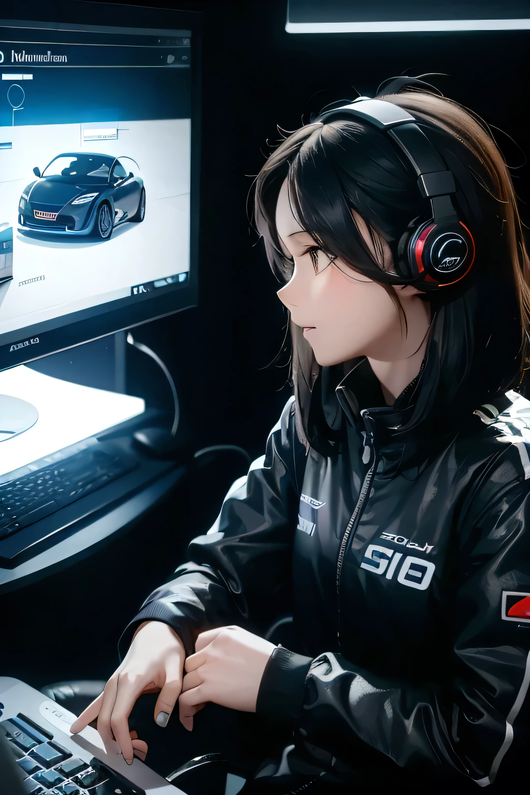 A girl wearing a headset work porsche sports car's sound at computer room with monitering speaker in nexon