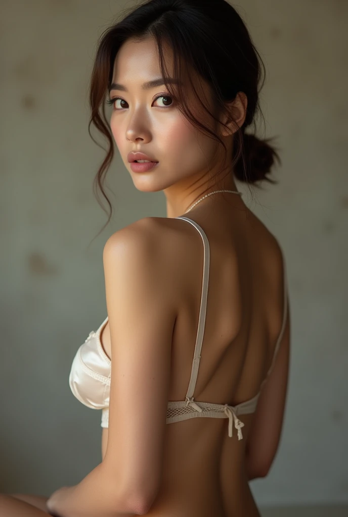(Highly realistic photos, High resolution, Detailed face, Fine Eyes), ((Photographed in front of a white wall))、Japanese women, 20-year-old, Tear bags,A little dark, alone:1, Slim figure, ponytail, one in the photo、Nude、Photographed in natural light、Simple Necklace、Full Body Shot、profile、Dark brown hair color