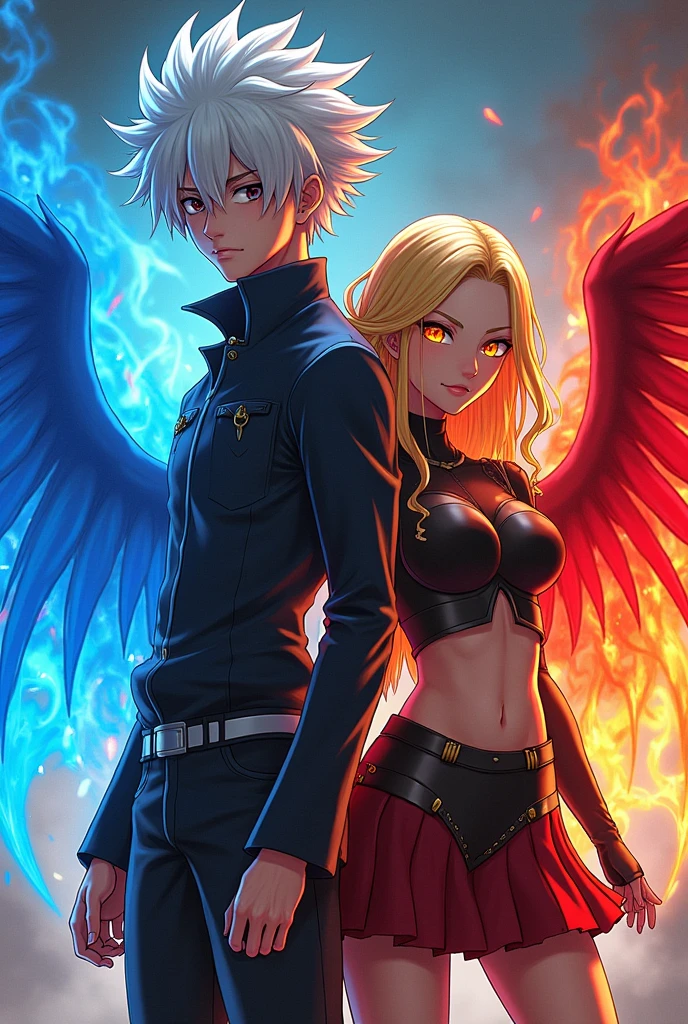 My hero academia Toya Todoroki with blue flames next to a blonde with red wings and yellow eyeliner and heroine costume