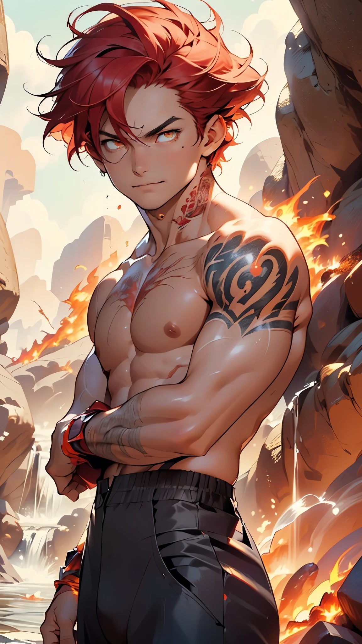 flame man,man:1.5,1 man,thief man,(((1man))),((man with stylish short hair)),
(((1male,man:1.5,handsome man,male,male gender:1.5,male focus))),macho man,
((short red hair,detailed hair,highly detailed hair,red hair,dyed interior hair,colored inner hair)),(((lustrous skin:1.5,tanned skin,bright skin: 1.5,skin tanned,shiny skin,very shiny skin,shiny body,illuminated skin))),(((orange_eyes:1.2))),intricate eyes,beautiful detailed eyes,symmetrical eyes,((man chest)),handsome face,((muscular)),(((detailed face))),
alluring look,nsfw,
(((bare chest))),elegant red pants,((bulge in pants)),((elegant thief outfit)),(wearing a elegant thief outfit:1.3,thief clothes),(((fire body, liquid lava, boy,with lava body, prismatic fire, lava details, liquid lava covering her body, sun goddess, fire, tattoos, (powerful aura), Flame elements, Incarnation of the Flame, Humanoid Flame, the body is on fire (flames in the body: 1.4)))),
(dynamic pose:1.0),solo focus,((evil smile,evil look)),(centered,scale to fit dimensions,Rule of thirds),
((red and white background of a waterfall, red lava rivers, bright red lava flows, bloody river in hell, narrow red lava rivers, red fluid, bottom of a lava river, bright red veins, turbulent blood lake, flowing lava, rivers of lava, streams of bright hot lava, rivers of blood)),scenery:1.25,((intricate scenery)),
(Glossy fire ornaments),highres,sharp focus,(ultra detailed,extremely detailed),(photorealistic artwork:1.37),(extremely detailed CG unity 8k wallpaper),(((vibrant colors,vibrant theme))),(intricate),(masterpiece),(best quality),artistic photography,(photography taken by sldr),(intricate background),perfect rendered face,perfect face details,realistic face,photo realistic,((intricate detail)),(((realism))),