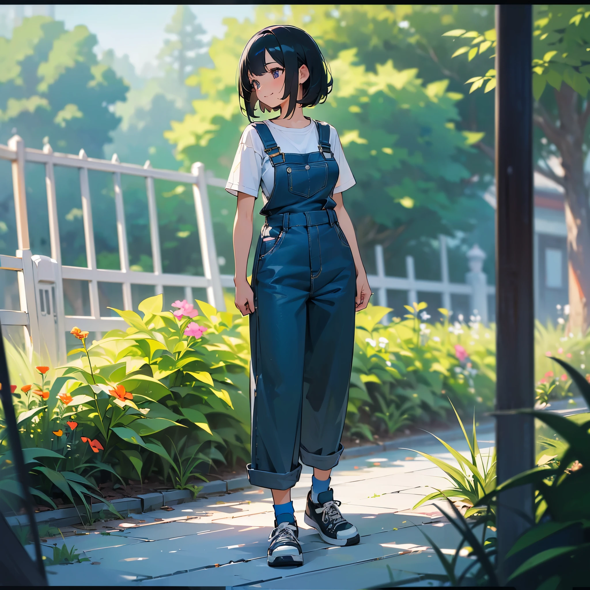 (high quality, High resolution, Very detailed, reality:1.37), Peaceful atmosphere, (Outdoor, garden), Teenage girl standing alone, (my breasts are big.), Beautiful details, Cute Smile, (Black bob hair), Short sleeve shirt, Overalls, Blue socks, sneakers.