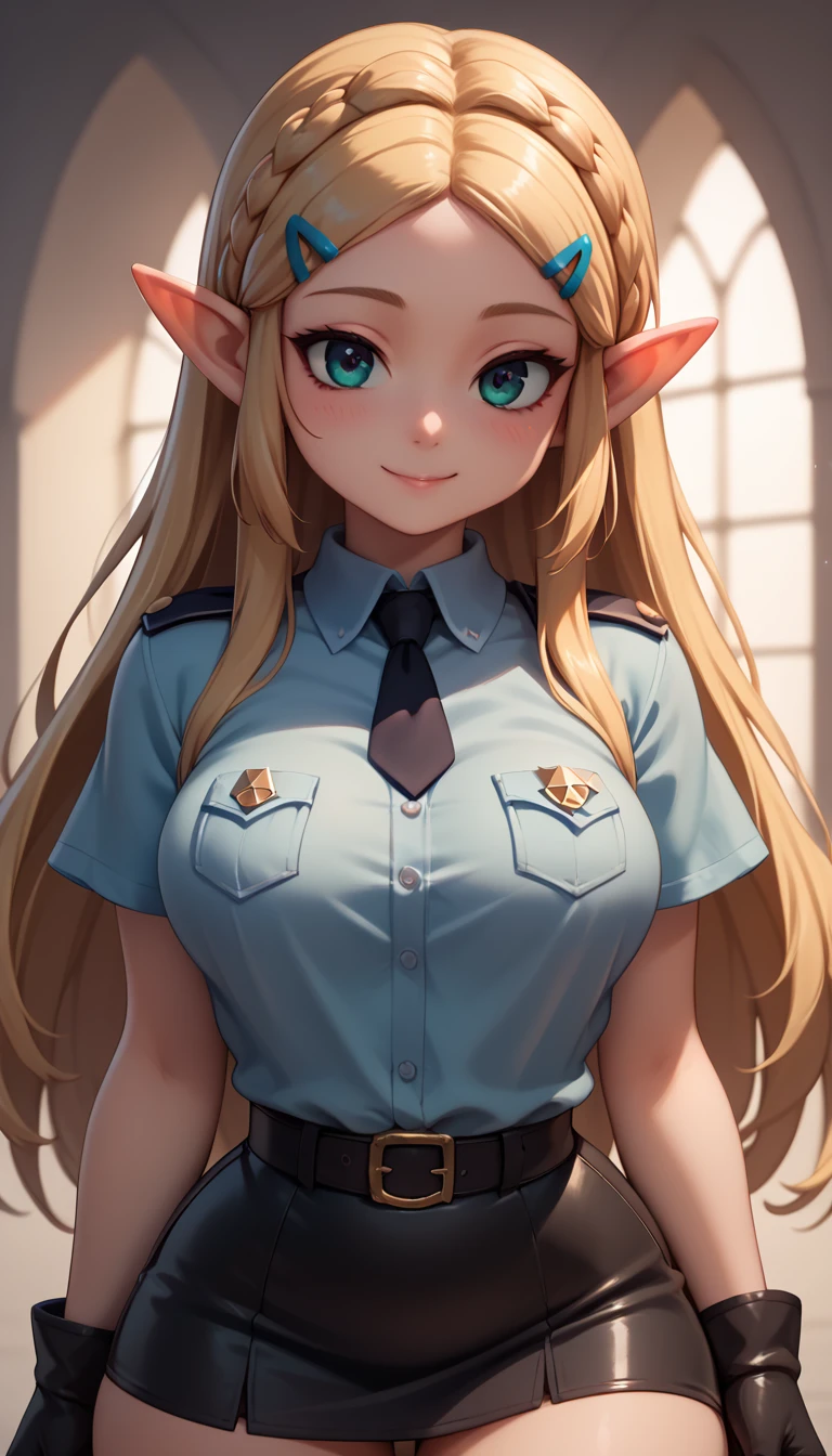 High resolution, Very detailed, perfect lighting, beautiful detailed eyes, ((masterpiece,Best Quality)), absurdities, alone, princess zelda, by the width, crown braid, Hair clip, pointy ears, Gloves without fingers, black gloves, smile, curves, nod, , deep neckline, deep neckline, sexy pink police costume, touching her breasts in a sexy way, close up, looking ahead, tight short skirt, fitted shirt