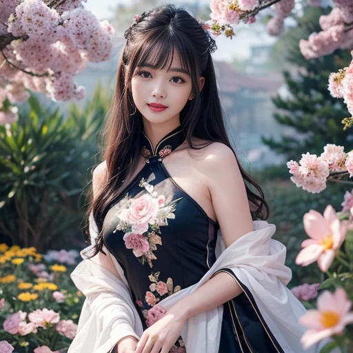 best quality, Delicate face,beautiful visual work, lifelike, eternity, black hair, Long curly hair, blunt bangs, Smile, In the flower garden, flower, Detailed Background, Delicate face,pink blush,cold,((masterpiece))、(top quality)、8k、high detail、Super detailed,21 years old female,Wearing Chinese cheongsam、Seductive and whimsical style、masterpiece、born、Scenes resembling fairy tale illustrations、Intricate details and complex designs、Beautifully、magic、capricious、 Beautifully、Dream aesthetics、「𝓡𝓸𝓶𝓪𝓷𝓽𝓲𝓬、ethereal、charming、fickle、magic」、Realism、Visual effects、FXAA、SSAO、Shaders、voiceless、ambient lighting、Tone mapping、High resolution、Ultra high quality、Million pixels、(8K resolution:1.10)、8k、Below 8K、8K resolution、high detail、intricate details, (high quality:1.2、masterpiece:1.2、:1.21)、(21 years old female:1.21)、(Smile excitedly)、(Surrounded by the dreamy atmosphere、Model diagram,full-body shot,Normal 2 feet,Don't show your fingers,The fan is unfolded under the chin