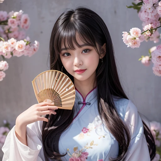 best quality, Delicate face,beautiful visual work, lifelike, eternity, black hair, Long curly hair, blunt bangs, Smile, In the flower garden, flower, Detailed Background, Delicate face,pink blush,cold,((masterpiece))、(top quality)、8k、high detail、Super detailed,21 years old female,Wearing Chinese cheongsam、Seductive and whimsical style、masterpiece、born、Scenes resembling fairy tale illustrations、Intricate details and complex designs、Beautifully、magic、capricious、 Beautifully、Dream aesthetics、「𝓡𝓸𝓶𝓪𝓷𝓽𝓲𝓬、ethereal、charming、fickle、magic」、Realism、Visual effects、FXAA、SSAO、Shaders、voiceless、ambient lighting、Tone mapping、High resolution、Ultra high quality、Million pixels、(8K resolution:1.10)、8k、Below 8K、8K resolution、high detail、intricate details, (high quality:1.2、masterpiece:1.2、:1.21)、(21 years old female:1.21)、(Smile excitedly)、(Surrounded by the dreamy atmosphere、Model diagram,full-body shot,Normal 2 feet,Don't show your fingers,The fan is unfolded under the chin