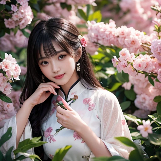 best quality, Delicate face，beautiful visual work, lifelike,  eternity, black hair, Long curly hair, blunt bangs, Smile, In the flower garden, flower, Detailed Background,  Delicate face，pink blush，cold，((masterpiece))、(top quality)、8k、high detail、Super detailed，21 years old female，Wearing Chinese cheongsam、Seductive and whimsical style、masterpiece、born、Scenes resembling fairy tale illustrations、Intricate details and complex designs、Beautifully、magic、capricious、 Beautifully、Dream aesthetics、「𝓡𝓸𝓶𝓪𝓷𝓽𝓲𝓬、ethereal、charming、fickle、magic」、Realism、Visual effects、FXAA、SSAO、Shaders、voiceless、ambient lighting、Tone mapping、High resolution、Ultra high quality、Million pixels、(8K resolution:1.10)、8k、Below 8K、8K resolution、high detail、intricate details， (high quality:1.2、masterpiece:1.2、:1.21)、(21 years old female:1.21)、(Smile excitedly)、(Surrounded by the dreamy atmosphere、Model diagram，full-body shot，Normal 2 feet，Don't show your fingers，The fan is unfolded under the chin