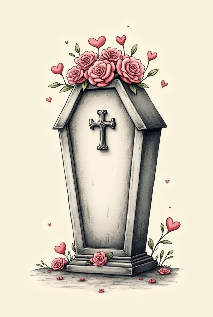 A drawing of a coffin on the left side with flowers and little hearts on top on a plain Tim Burton style background to one side of the image