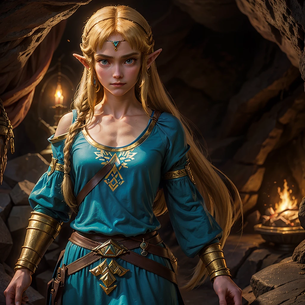 High Fantasy、Delicate depiction、Depiction of the upper body、Princess Zelda from The Legend of Zelda、The background is a dimly lit cave、