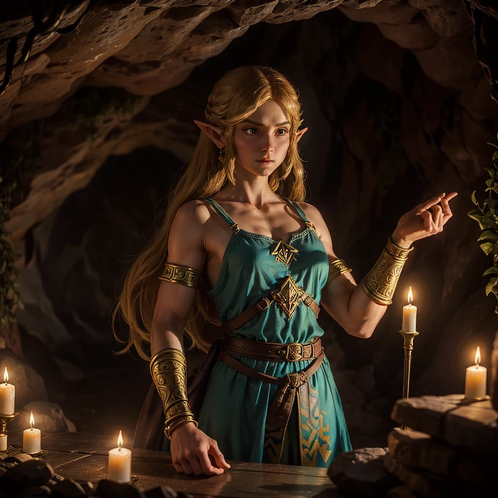 High Fantasy、Delicate depiction、Depiction of the upper body、Princess Zelda from The Legend of Zelda、The background is a dimly lit cave、