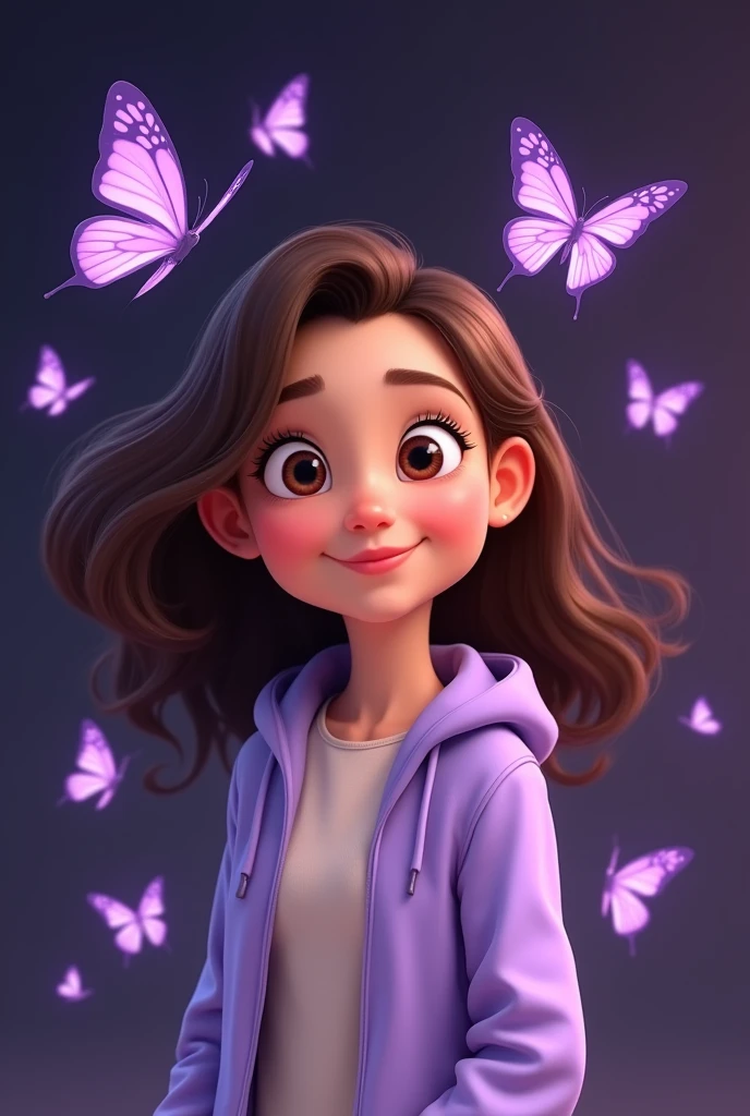 Create a female Pixar-style character with wavy brown hair , with pastel purple jacket, dark purple background with lighter and brighter purple butterflies. A simple and cute drawing