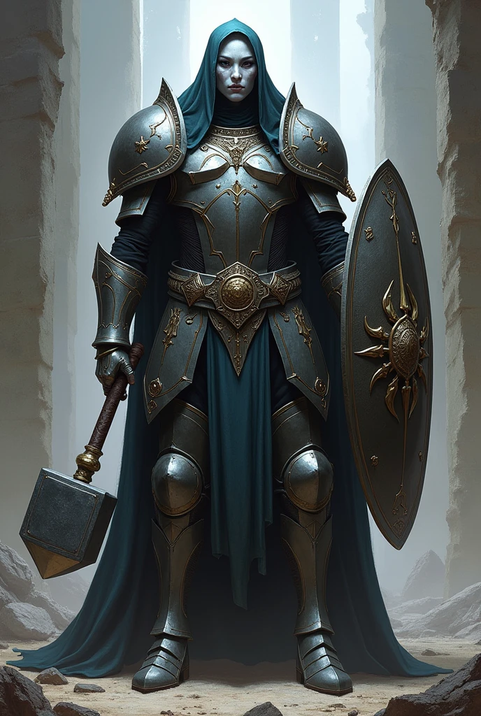 Half-Drow cleric, unhooded, heavily armored, with hammer and shield 