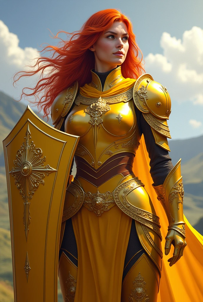 red-haired woman of the cleric paladin class with yellow armor and clothes shield with sun crest