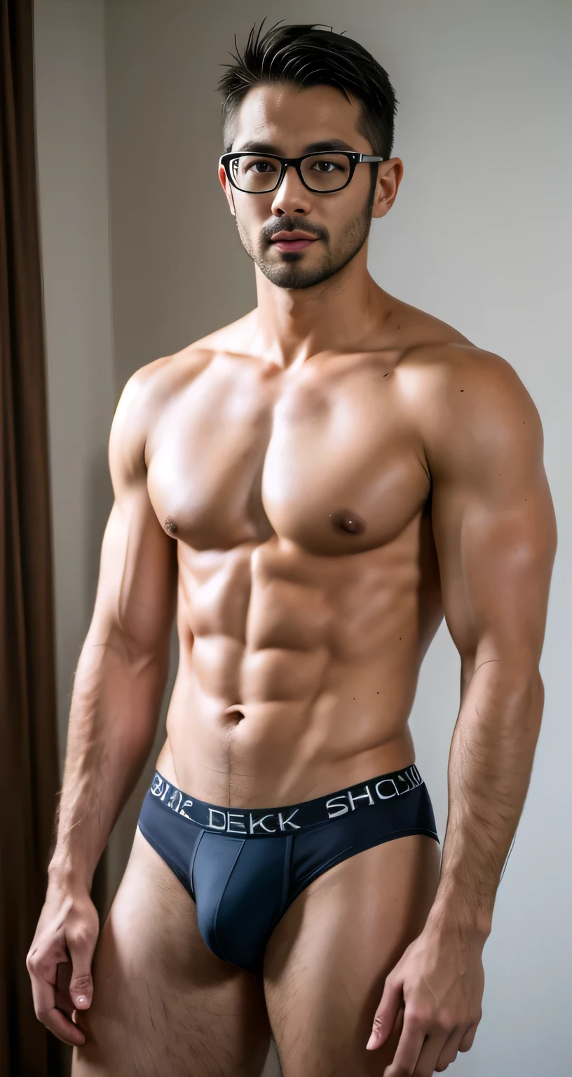  natural male、35 years old、american or asian male、very handsome、abs、Pectoral muscle、ck black underwear、PUMP blue briefs、body hair、full-length picture,wearing glasses,y pose