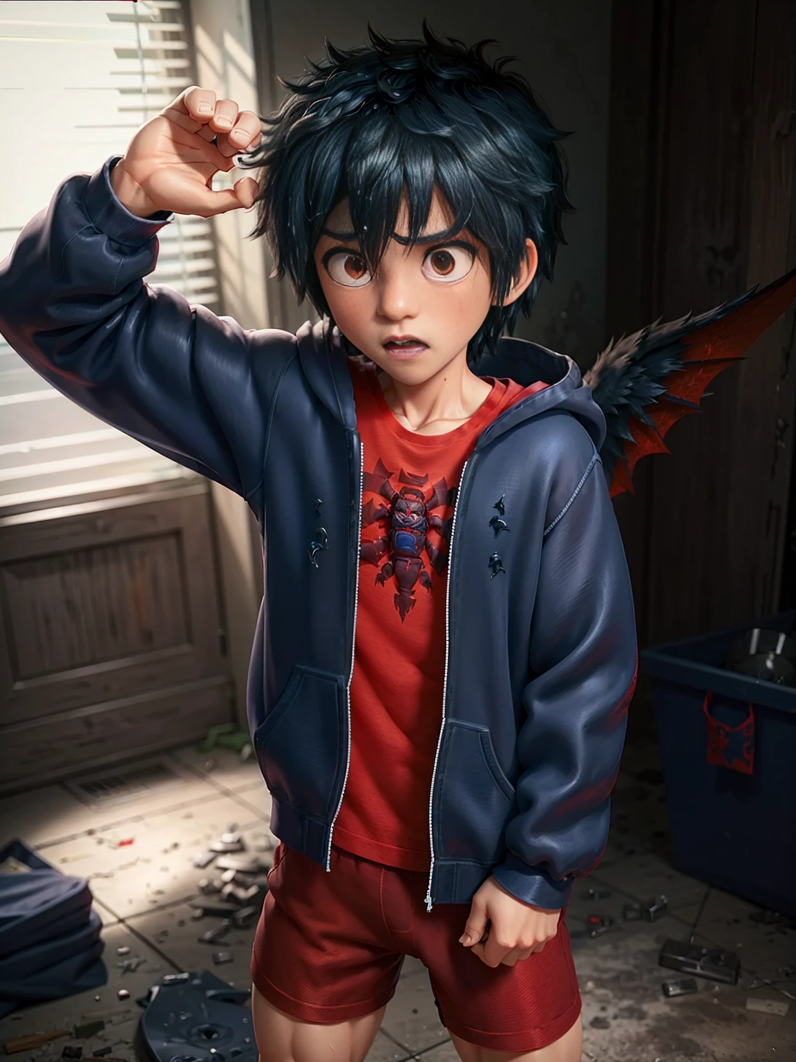 A boy with demonic wings is wearing a hero suit,Mouth wide open to express pain,profuse sweat and drool,,Showing strength, A well-trained body like a bodybuilder,Red shirt and navy blue hoodie,