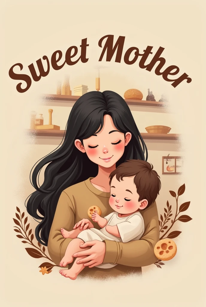 Biscuit shop logo, a young mother with long black hair with a baby boy on her lap in a cookie shop with the name of the shop written at the top Sweet Mother