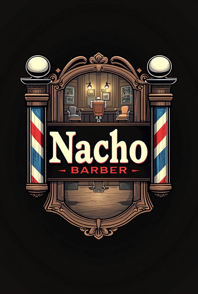 Barbershop logo with the name Nacho Barber With an original barbershop background and some Wahl machines on the sides  