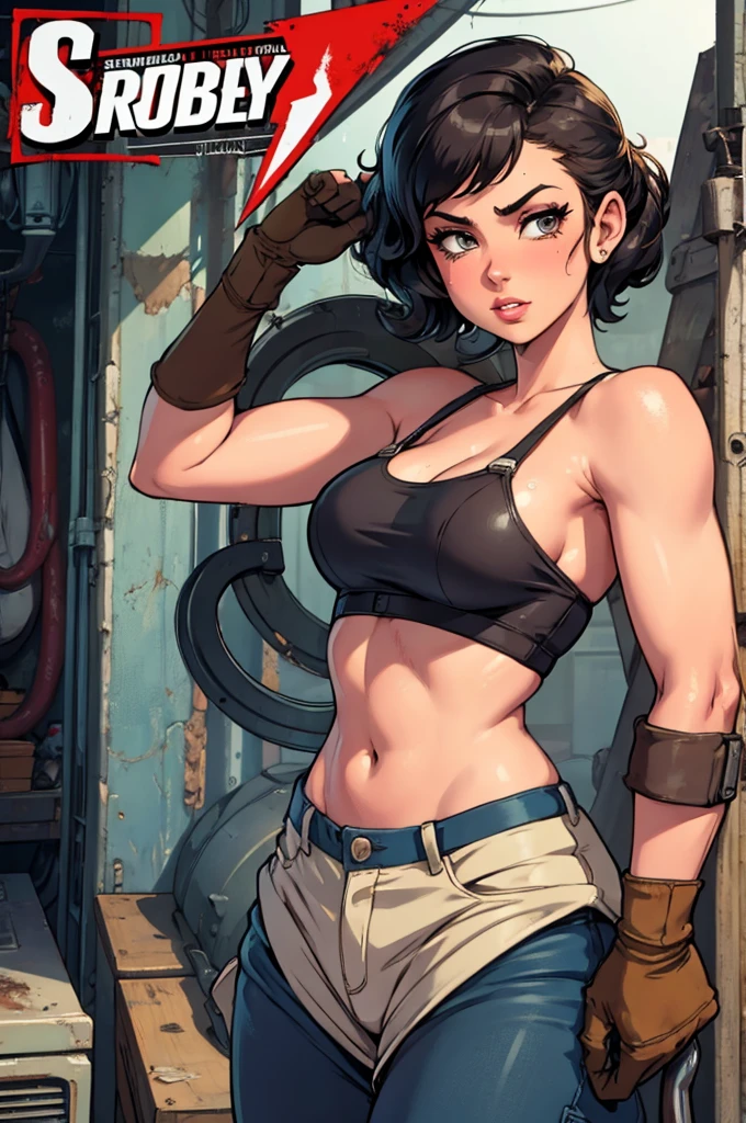 pin-up mechanic, dirty, sweaty, wrench-turner, grease-ey, pin-up poster, stripping