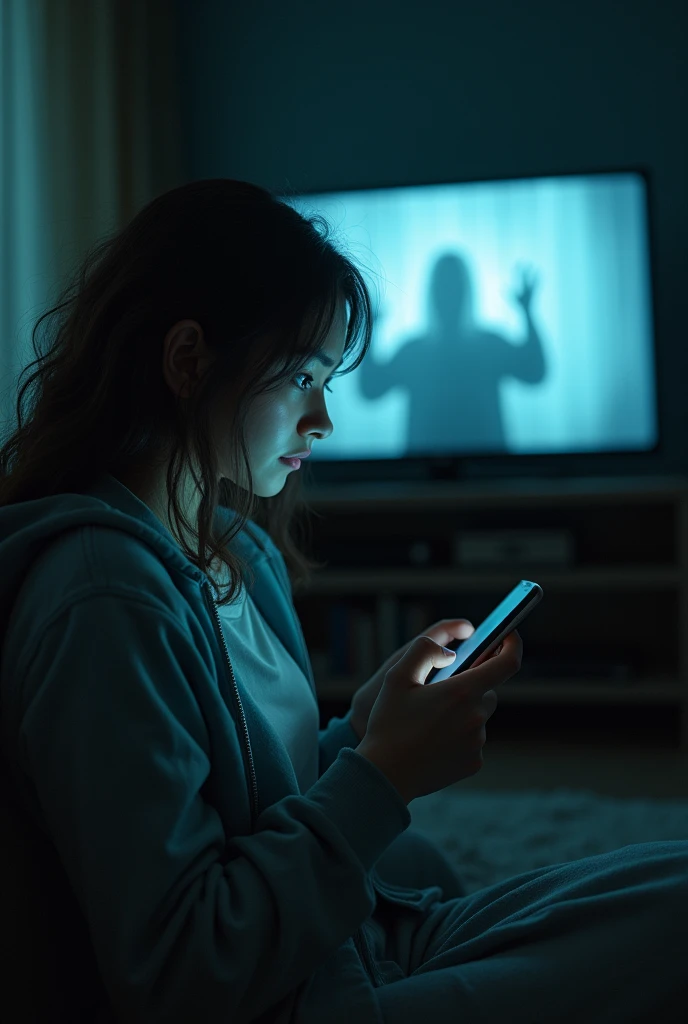 Normal girl is using mobile phone while watching very scary and horror girl on tv
