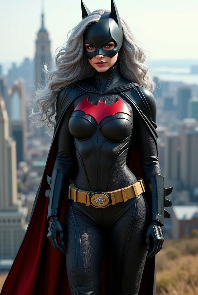 A beautiful youthful looking Hispanic version of a gray haired Selena Gomez as a 50 years old woman with long her completely gray hair in a big curls styles as the superhero batwoman wearing a batwoman costume with a hood standing on top of a hill overlooking a big city