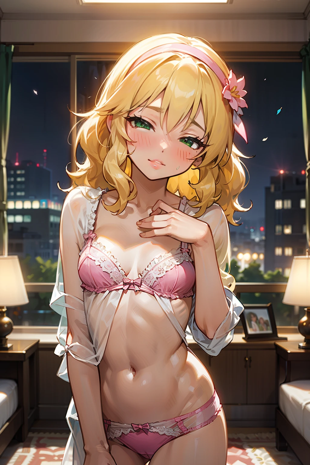 masterpiece,Highest quality, Very detailed,One girl(Sakurai Momoka, Nice small breasts, Wavy Hair,Blonde, head band, Pink flowers in the hair,Green Eyes, Half-closed eyes), Seductive face, Lips parted, nose blush, blush, In-person audience , View your viewers, alone, See-through nightgown, In the bedroom,  at night, Are standing, Seduce your sexy waist  (panties), (bra), (In underwear), (Flashy underwear), (lingerie), 