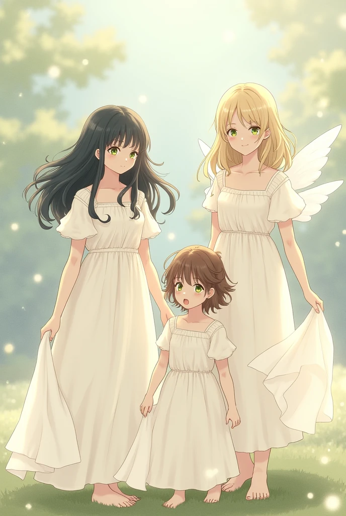 I want to see three girls and a boy all in white, one of the girls with black wavy hair and the boy with green eyes and light brown hair