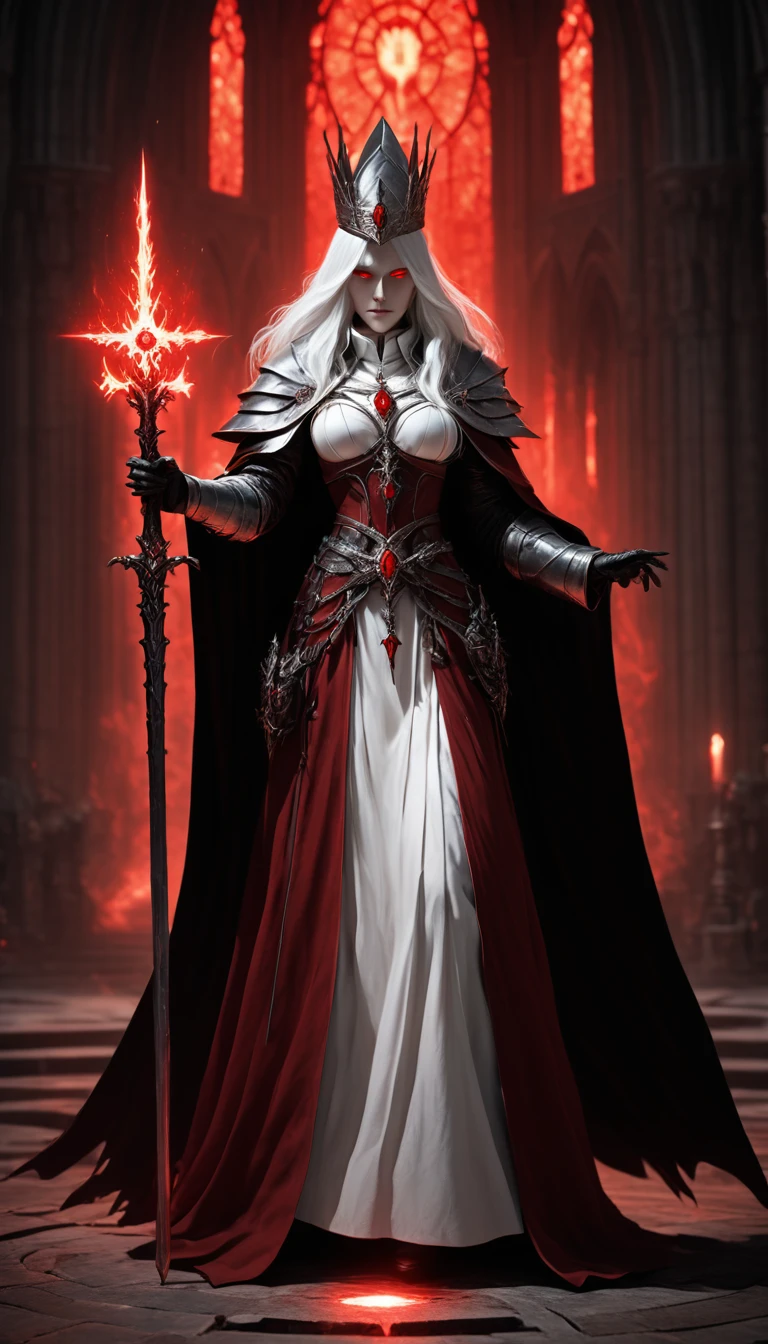 Masterpieces, female, red glowing eyes, long white hair, pale skin, vampire queen, Female pope, Sally Whitemane world of waracraft art, fantasy dark souls world end boss, elden ring, vampire, (wearing armored priestess robe, Wearing a pope hat, (white, red and black color scheme), (wielding a staff with radiant red light, emanating potent red light magic),(action shot: hefting a sword), Background: a dark cathedral red and silver lighting. (Action shot: casting a spell), standing Next to a large red mirror, Background: a dark cathedral red and silver lighting. (Action shot: casting a spell), Full body shot, cinematic shot, volumetric lighting, intricate pattern detail, highly detailed
