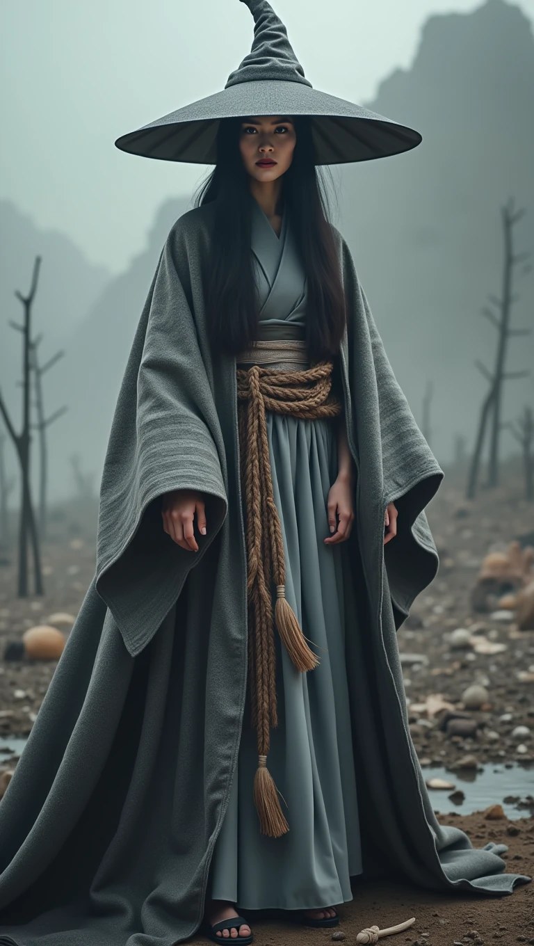 a Japanese witch , wearing a gray cloak mixed with kimono and a gray and black pointed witch hat. Behind her is a post-apocalyptic world with a dark fog.
